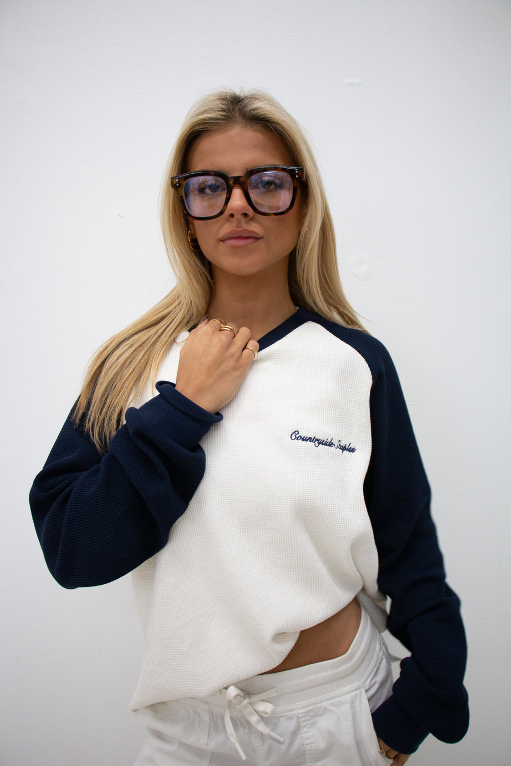Waffle Knit White and Navy Raglan